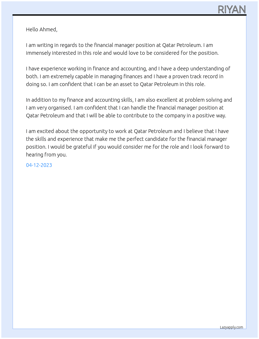 Financial manager At Qatar petrolium Cover Letter