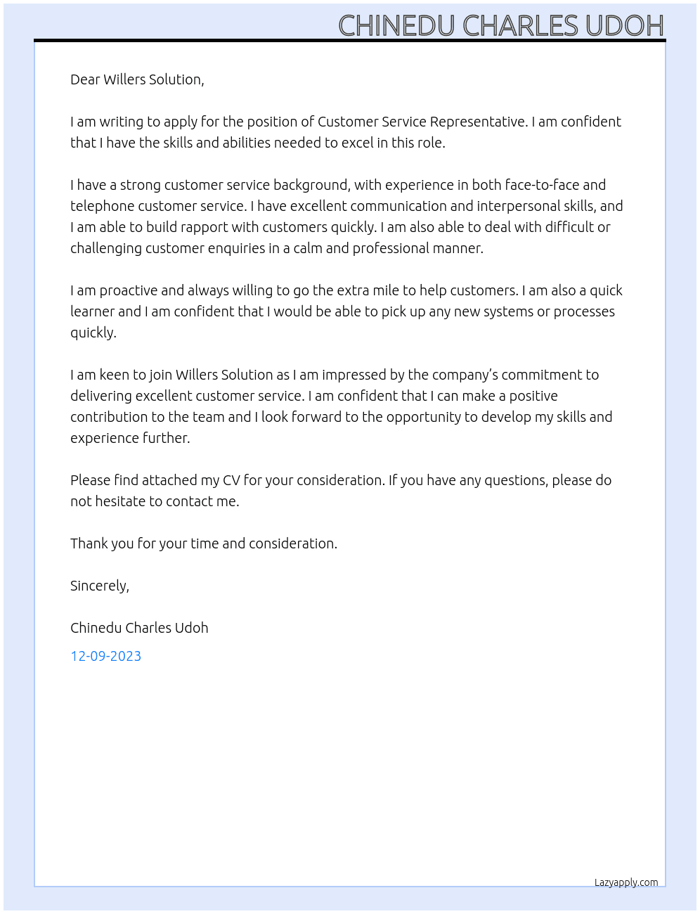 Customer Service Representative  At Willers Solution  Cover Letter