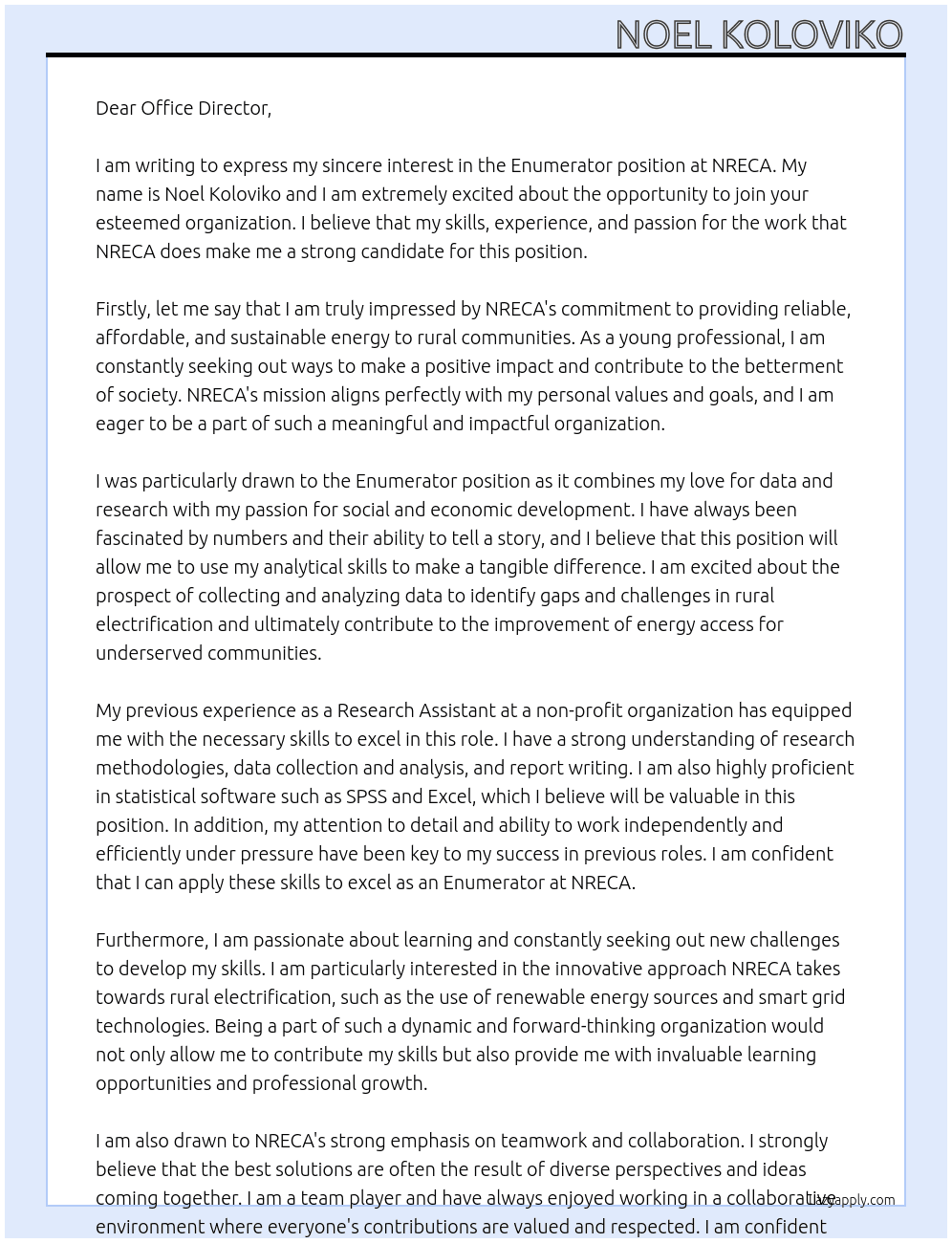 Enumerator At NRECA Cover Letter