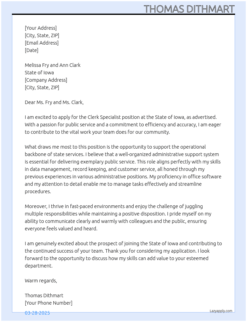 Clerk Specialist At State of Iowa Cover Letter