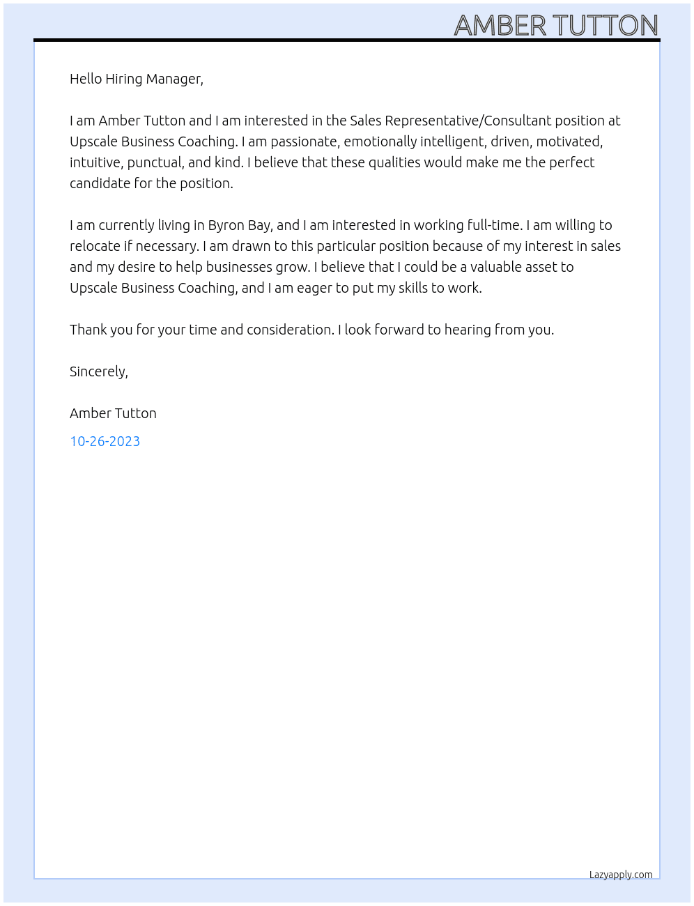 Sales representative/ consultant  At Upscale business coaching Cover Letter