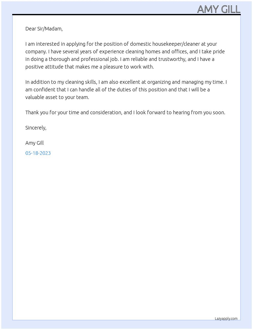 domestic housekeeper/cleaner At household Cover Letter