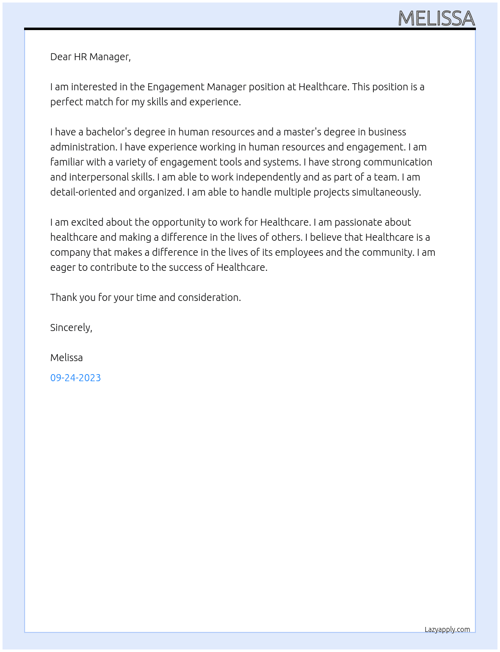 Engagement Manager At Heallthcare Cover Letter