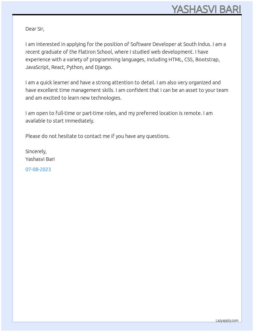 Software Developer  At South Indus Cover Letter