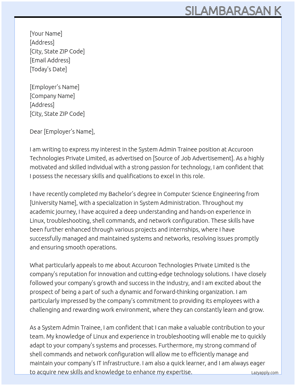 System Admin trainee  At Accuroon technologies private limited  Cover Letter