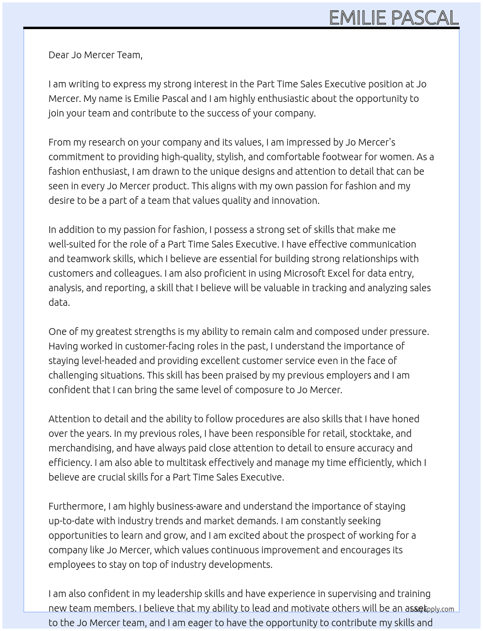 Part Time Sales Executive  At Jo Mercer  Cover Letter