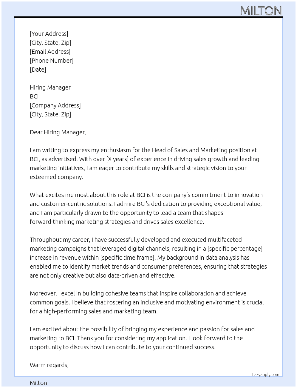 Head of Sales and Markwting At BCI Cover Letter