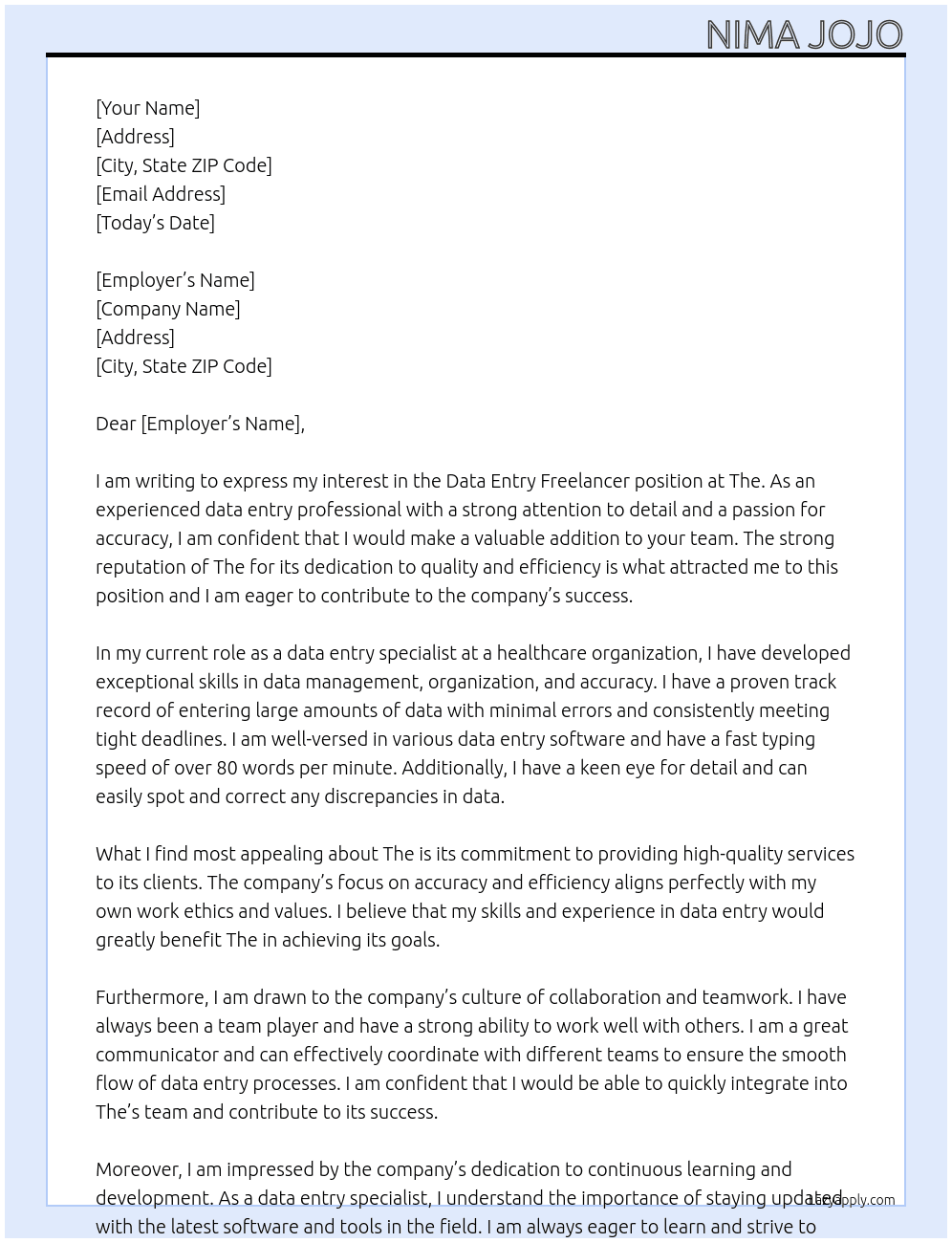 Data entry freelancer At The Cover Letter