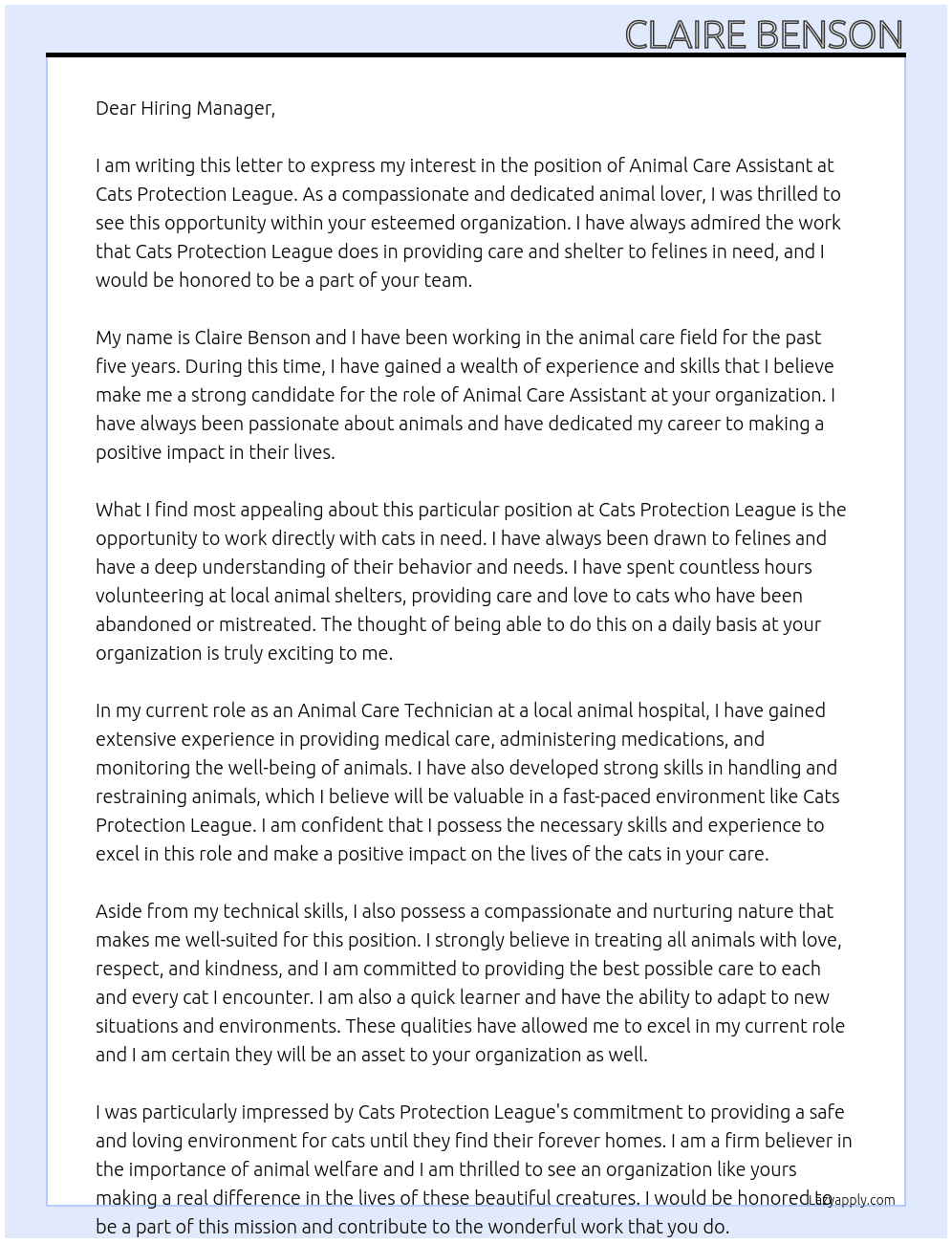 Animal care assistant At Cats protection league Cover Letter