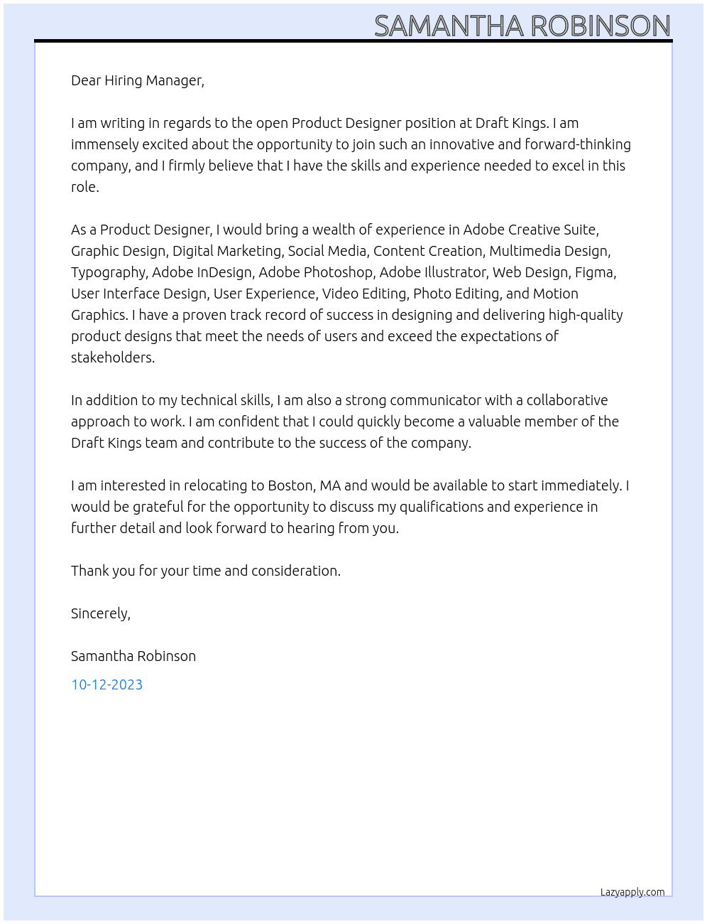 Product Designer At Draft Kings Cover Letter
