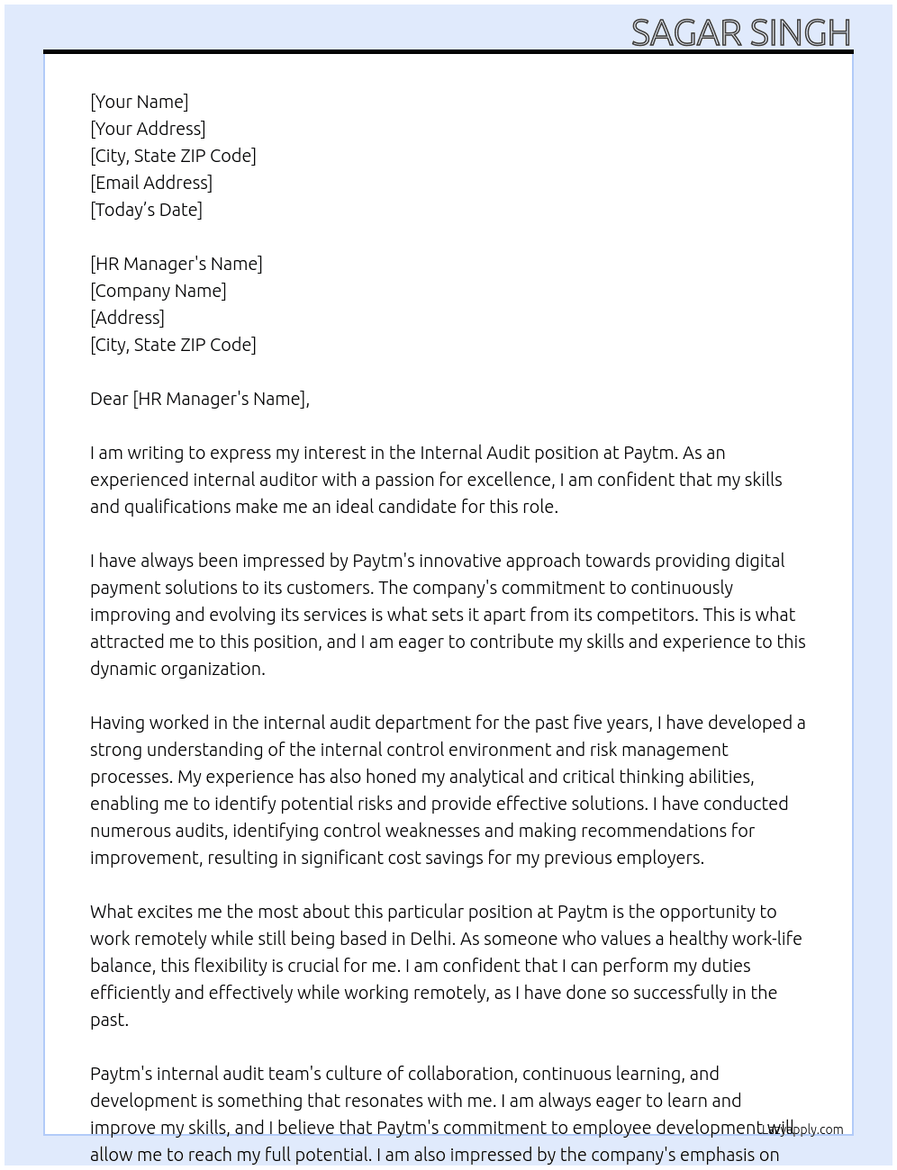 Internal audit  At Paytm Cover Letter