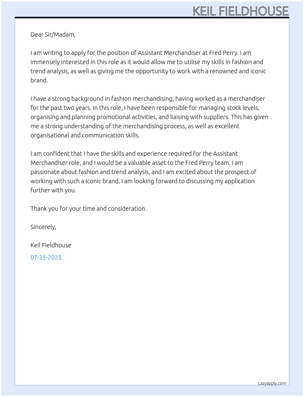 Assistant merchandiser At Fred Perry Cover Letter