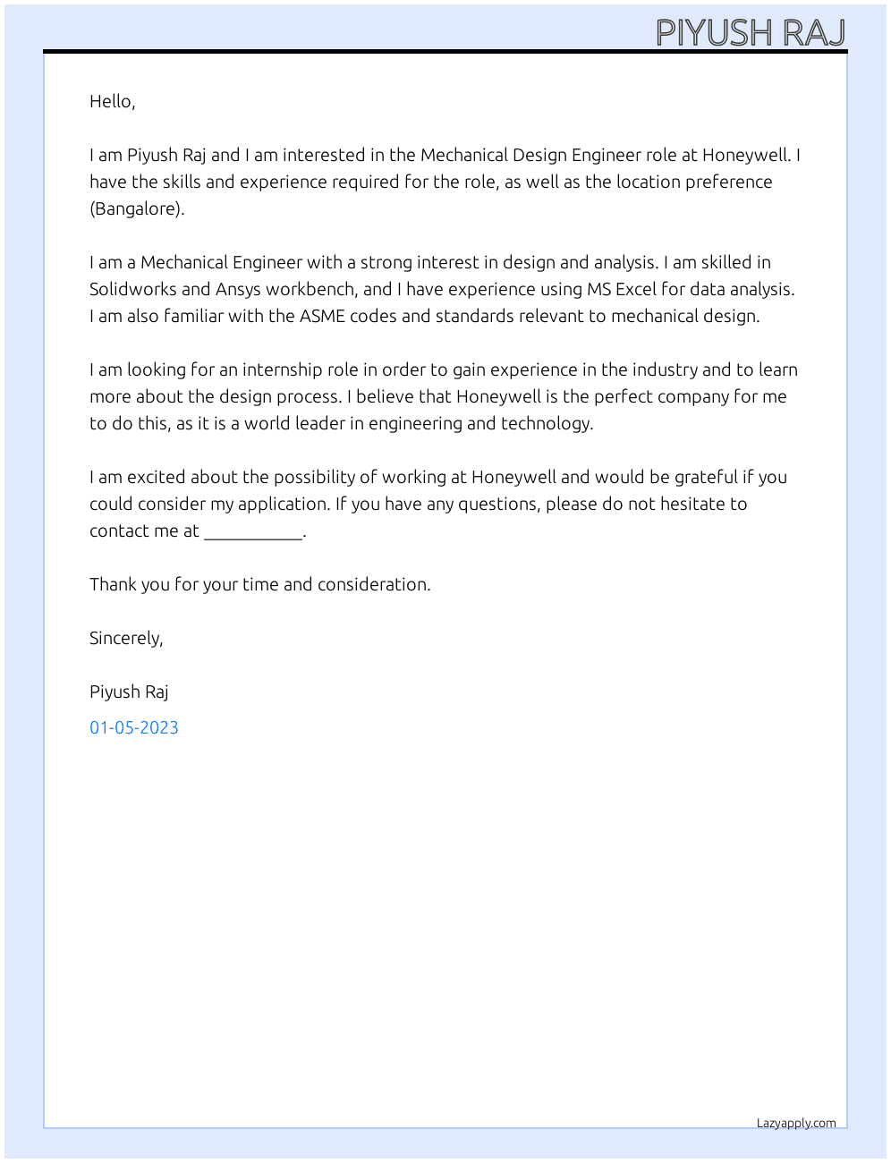 Mechanical Design Engineer At Honeywell Cover Letter