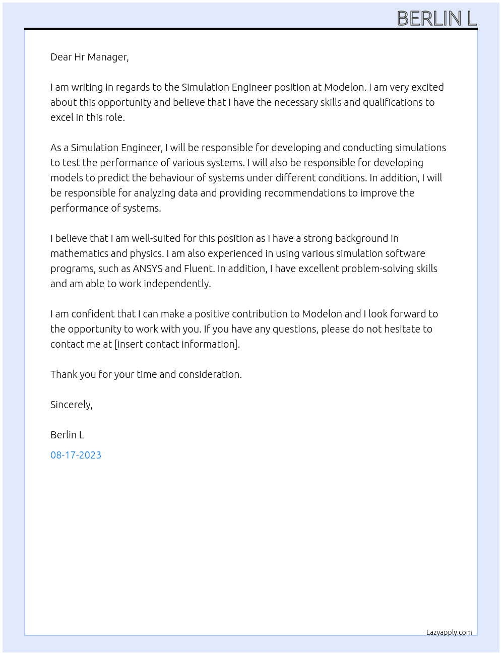 Simulation Engineer  At Modelon Cover Letter
