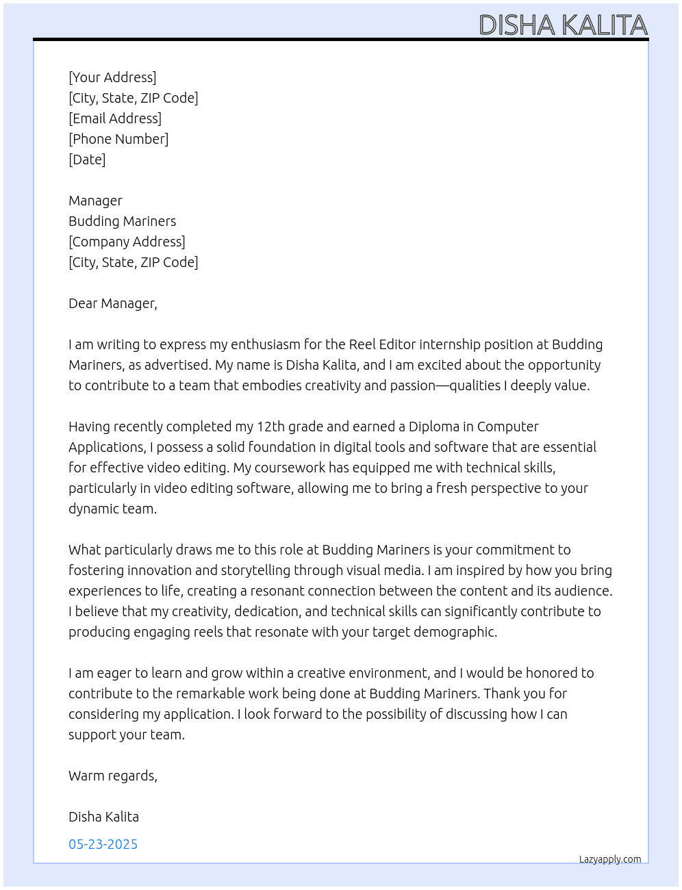 Reel editor  At Budding Mariners  Cover Letter