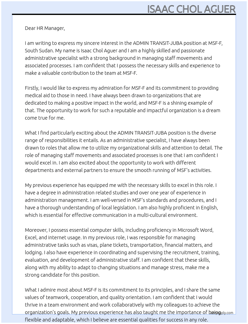 ADMIN TRANSIT-JUBA At MSF-F, South Sudan Cover Letter