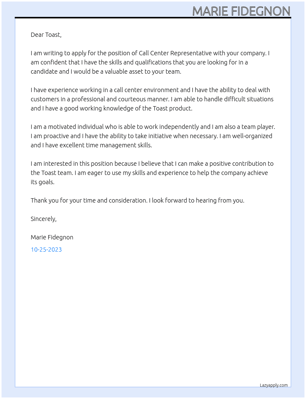 Call Center Representative At Toast Cover Letter