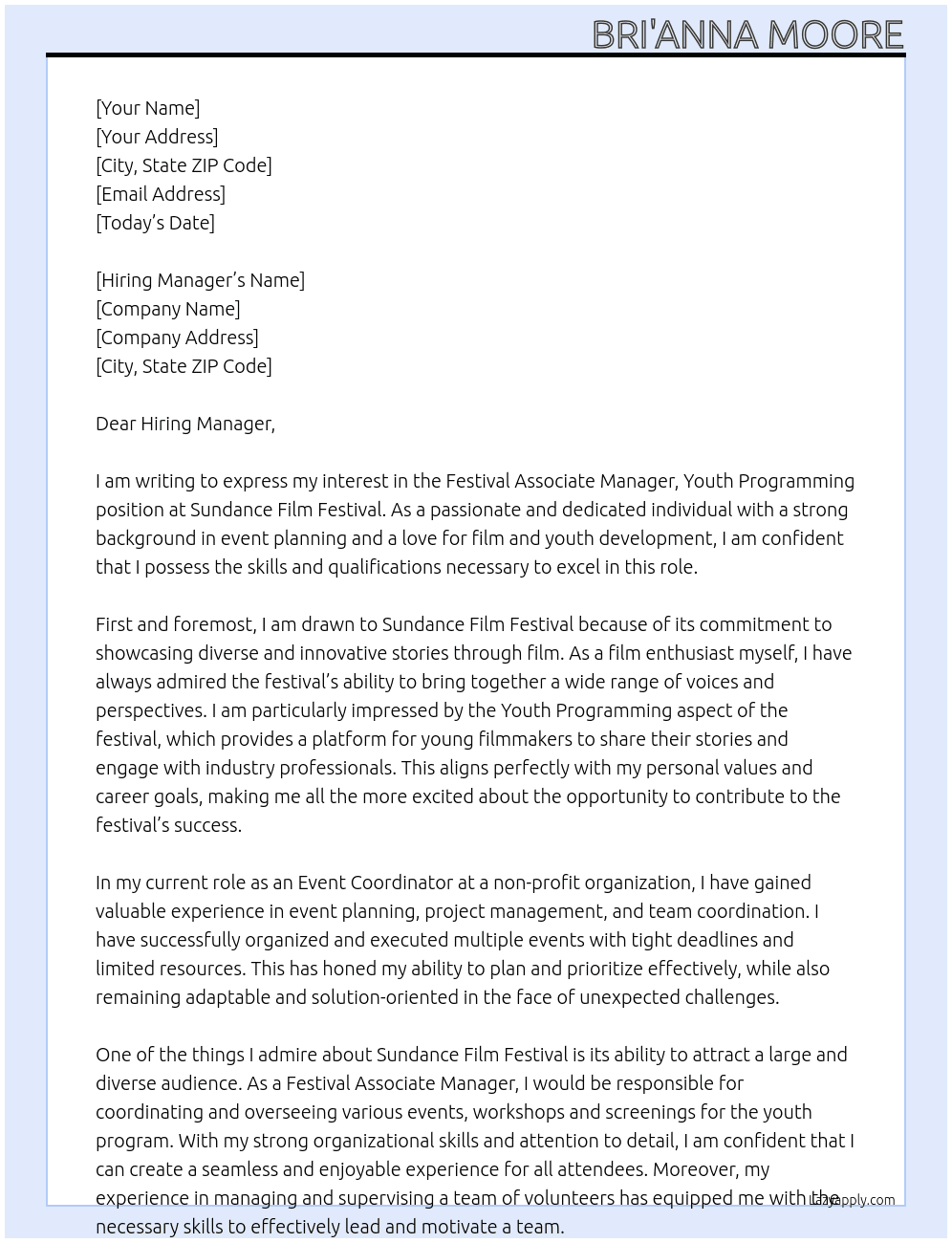Festival Associate Manager, Youth Programming At Sundance Film Festival Cover Letter