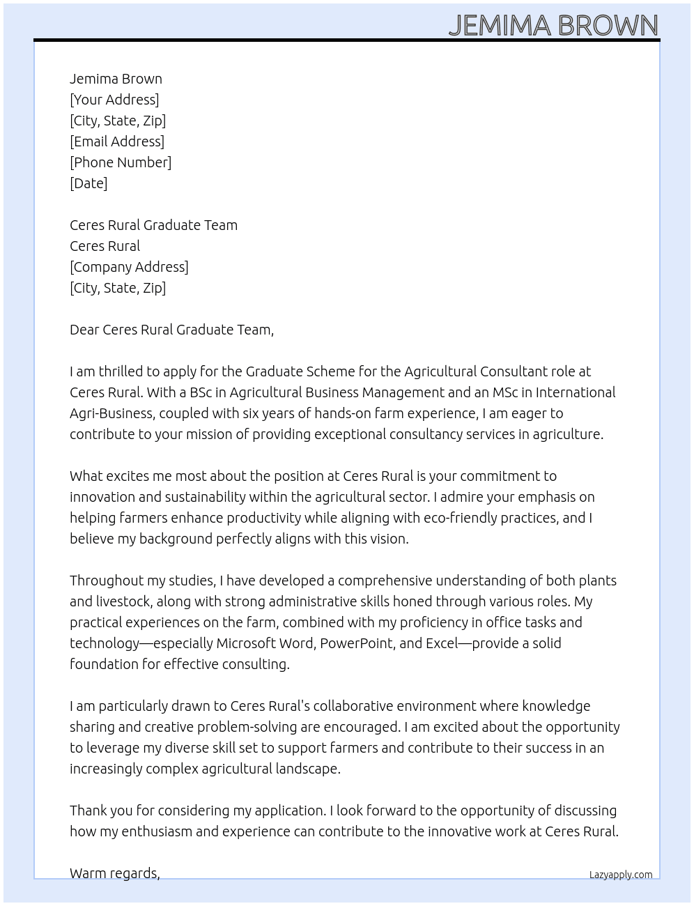 Graduate Scheme At Ceres Rural Cover Letter