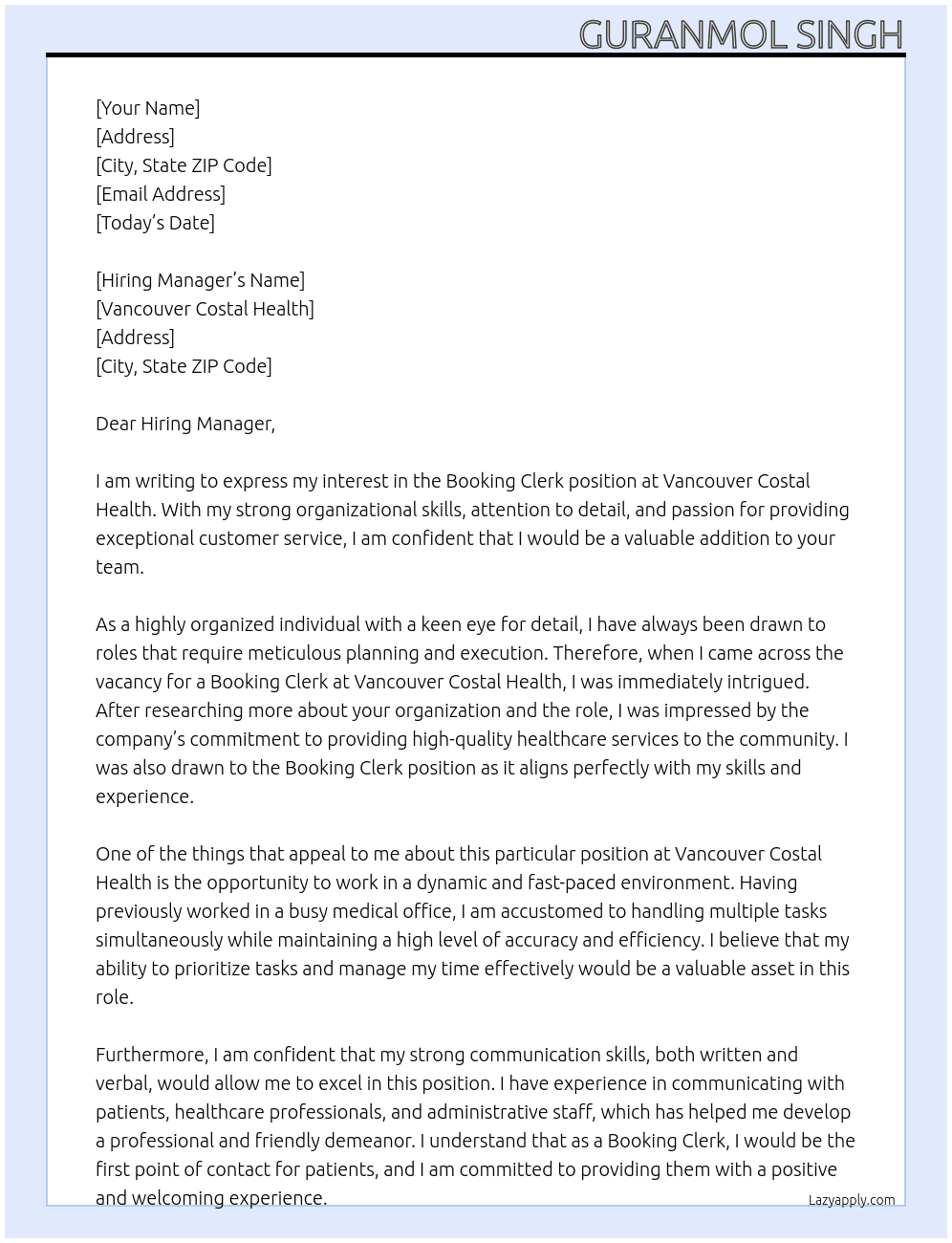 Booking Clerk At Vancouver Costal Health Cover Letter