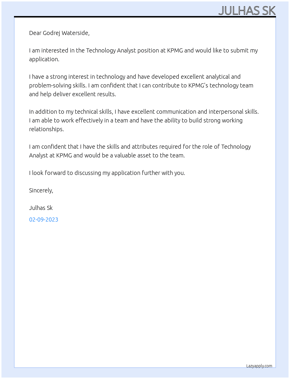 Technology Analyst At KPMG Cover Letter