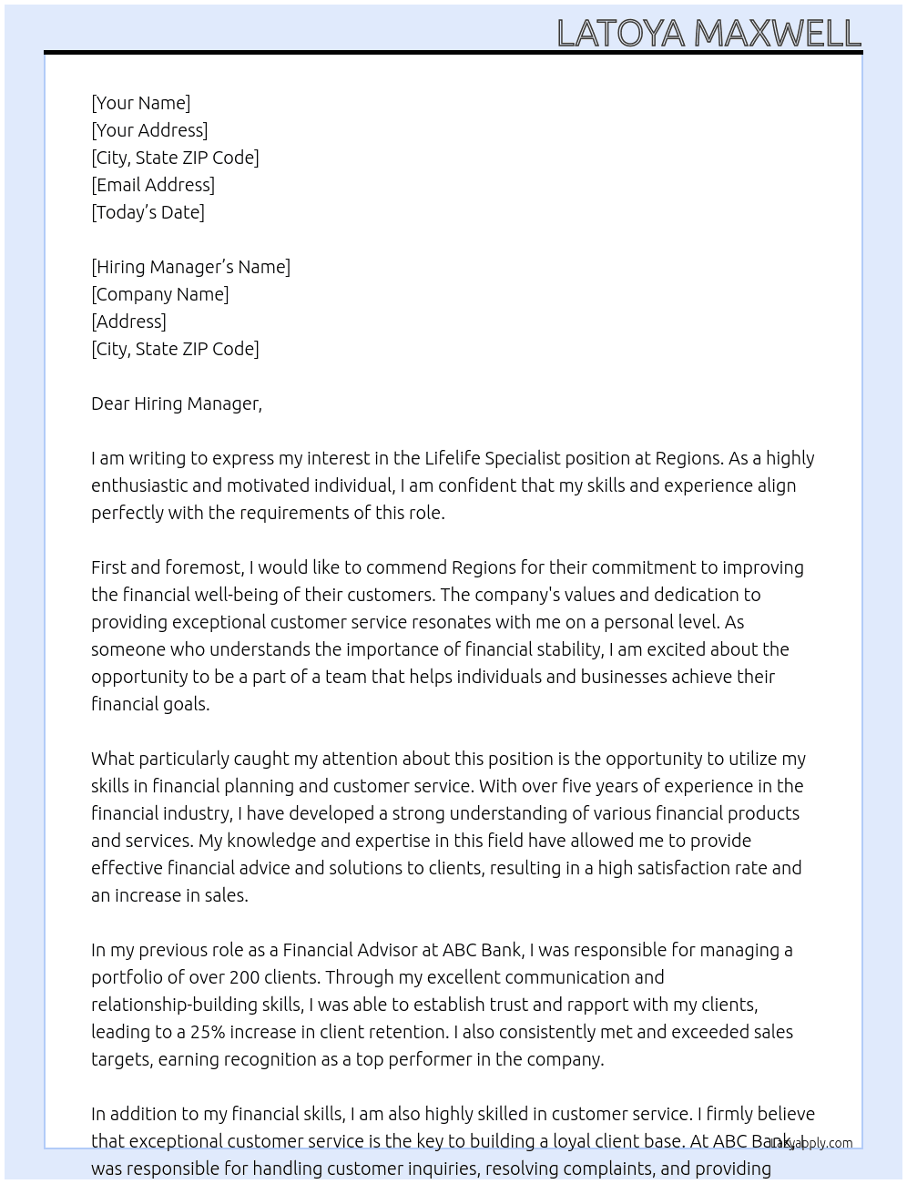 Lifelife Specialist At Regions  Cover Letter