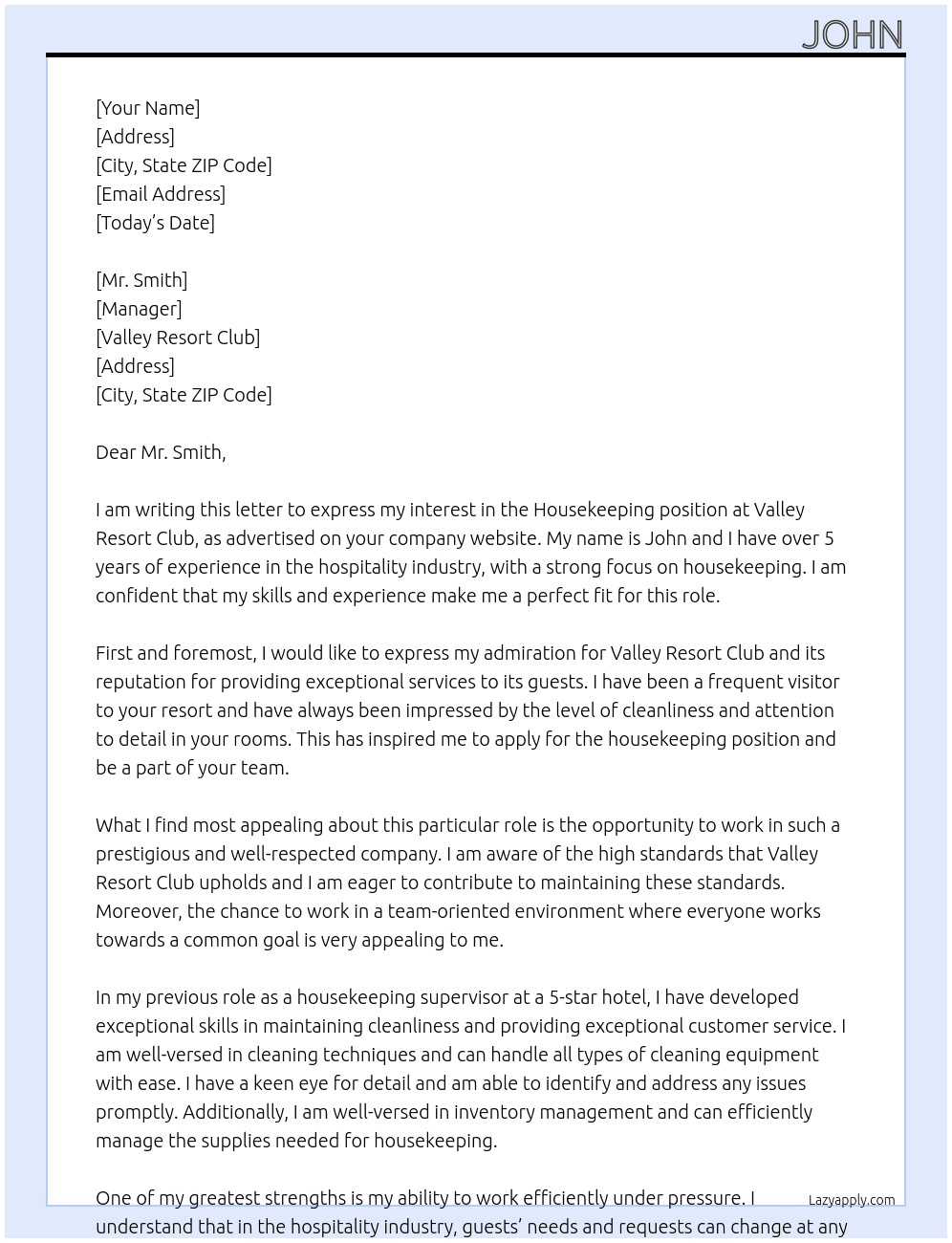 housekeeping At valley resort club Cover Letter