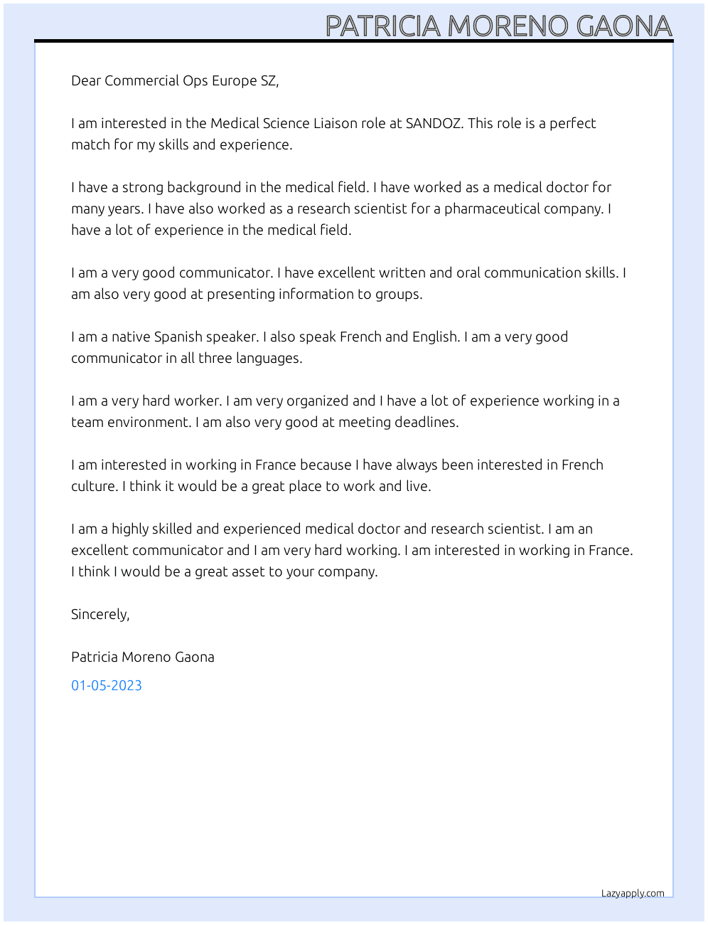 Medical Science Liaison At SANDOZ Cover Letter