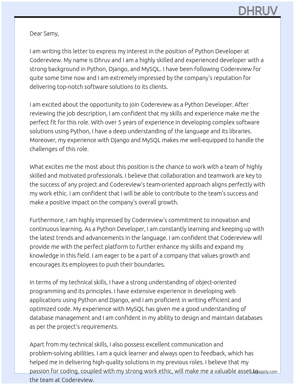 Python Developer  At Codereview  Cover Letter