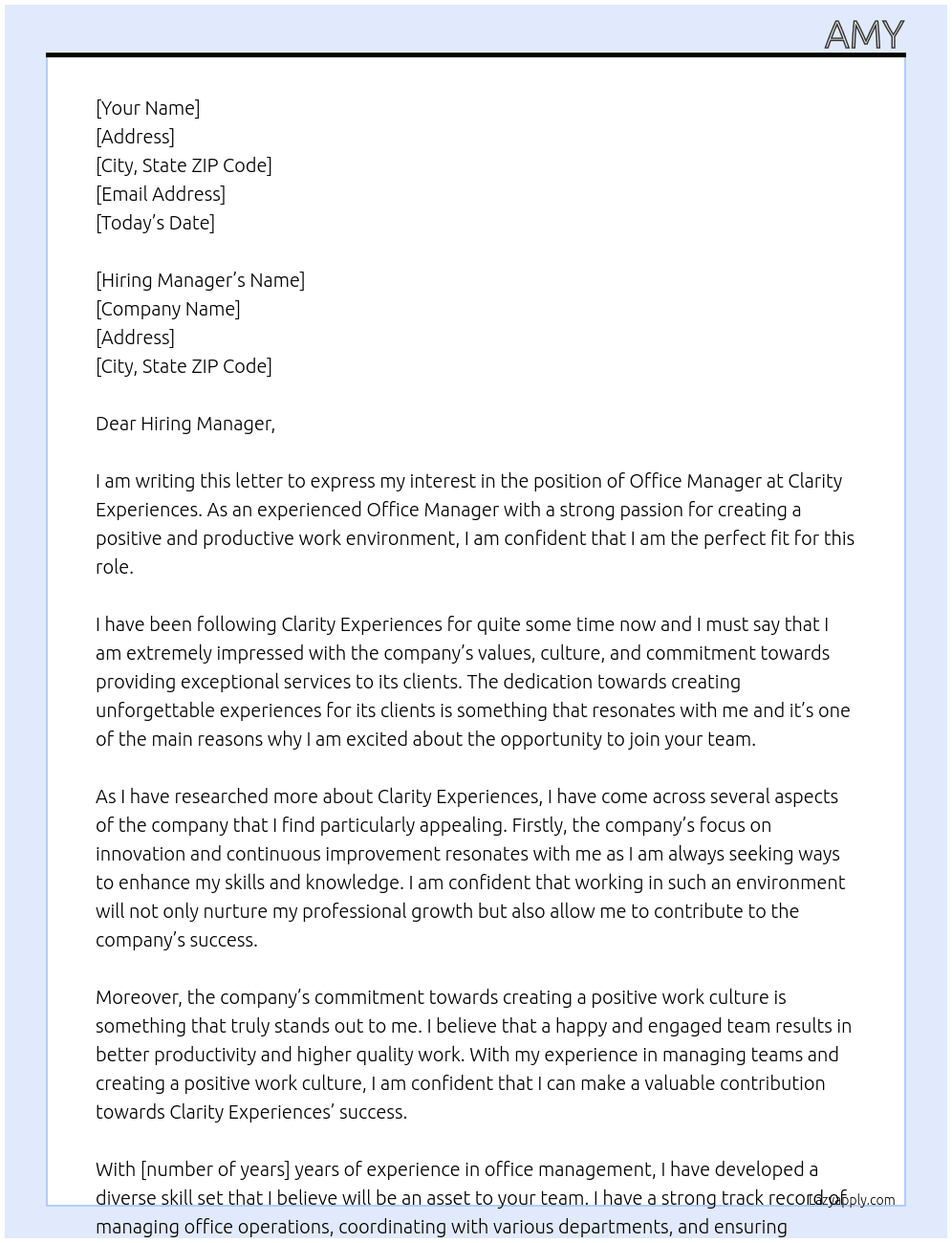 Office Manager  At Clarity Experiences Cover Letter