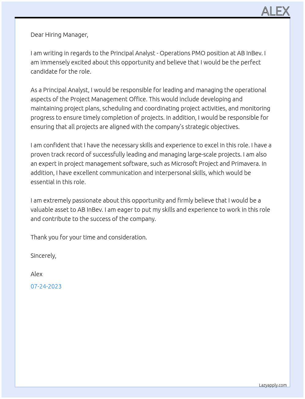 Principal Analyst - Operations PMO At AB InBew Cover Letter