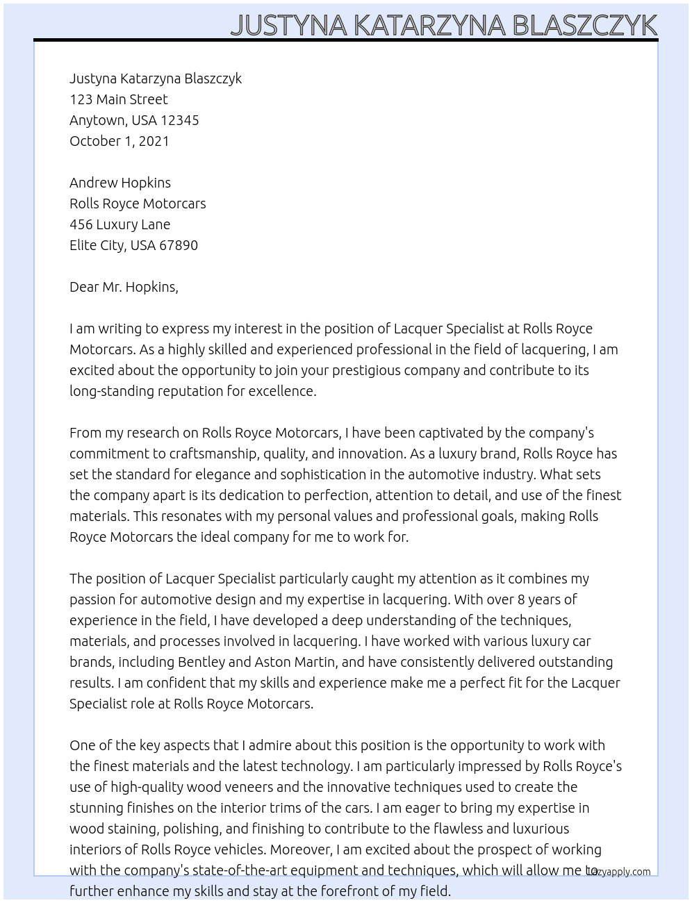 lacquer specialist At Rolls Royce Motorcars Cover Letter
