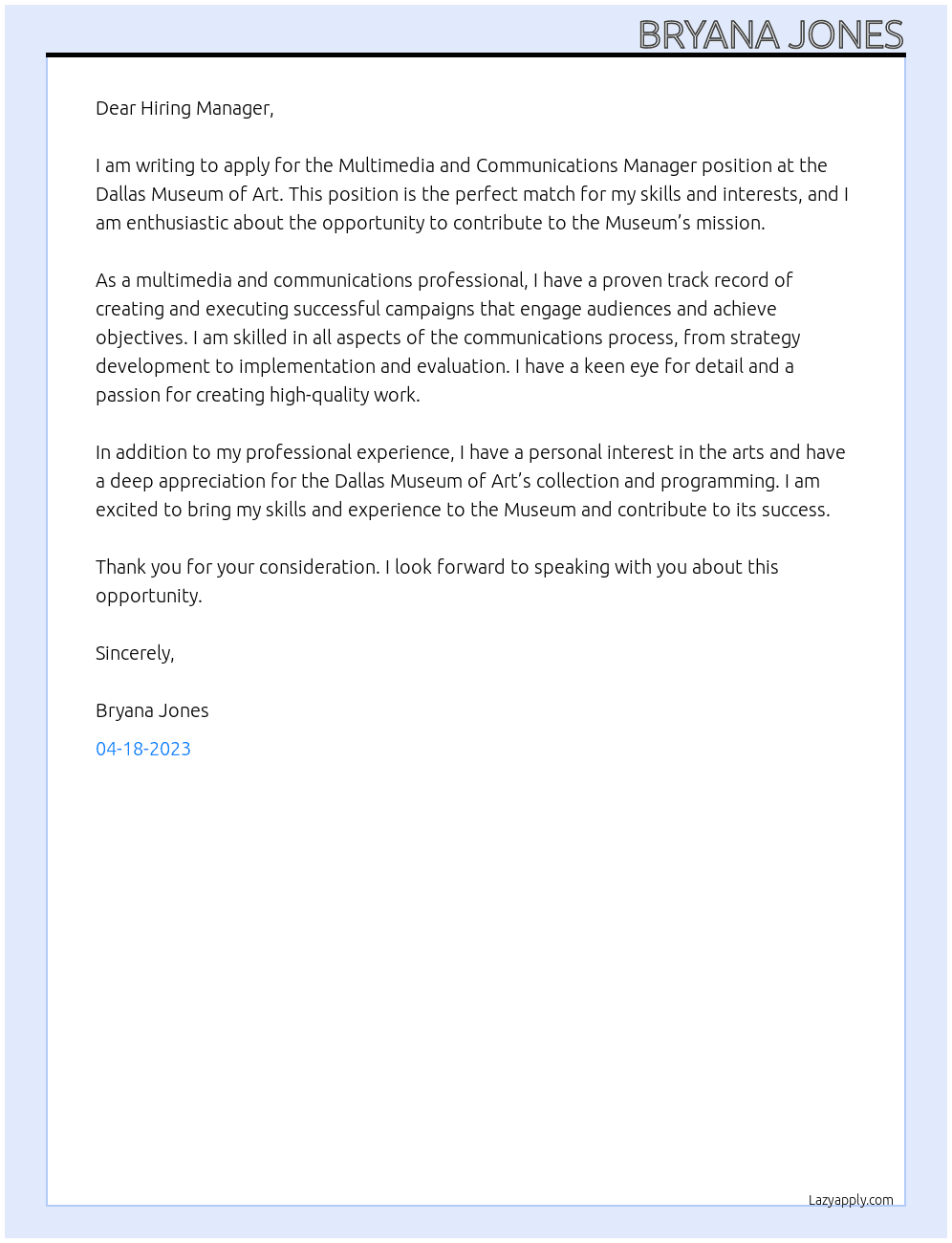 Multimedia and Communications Manager At Dallas Museum of Art Cover Letter