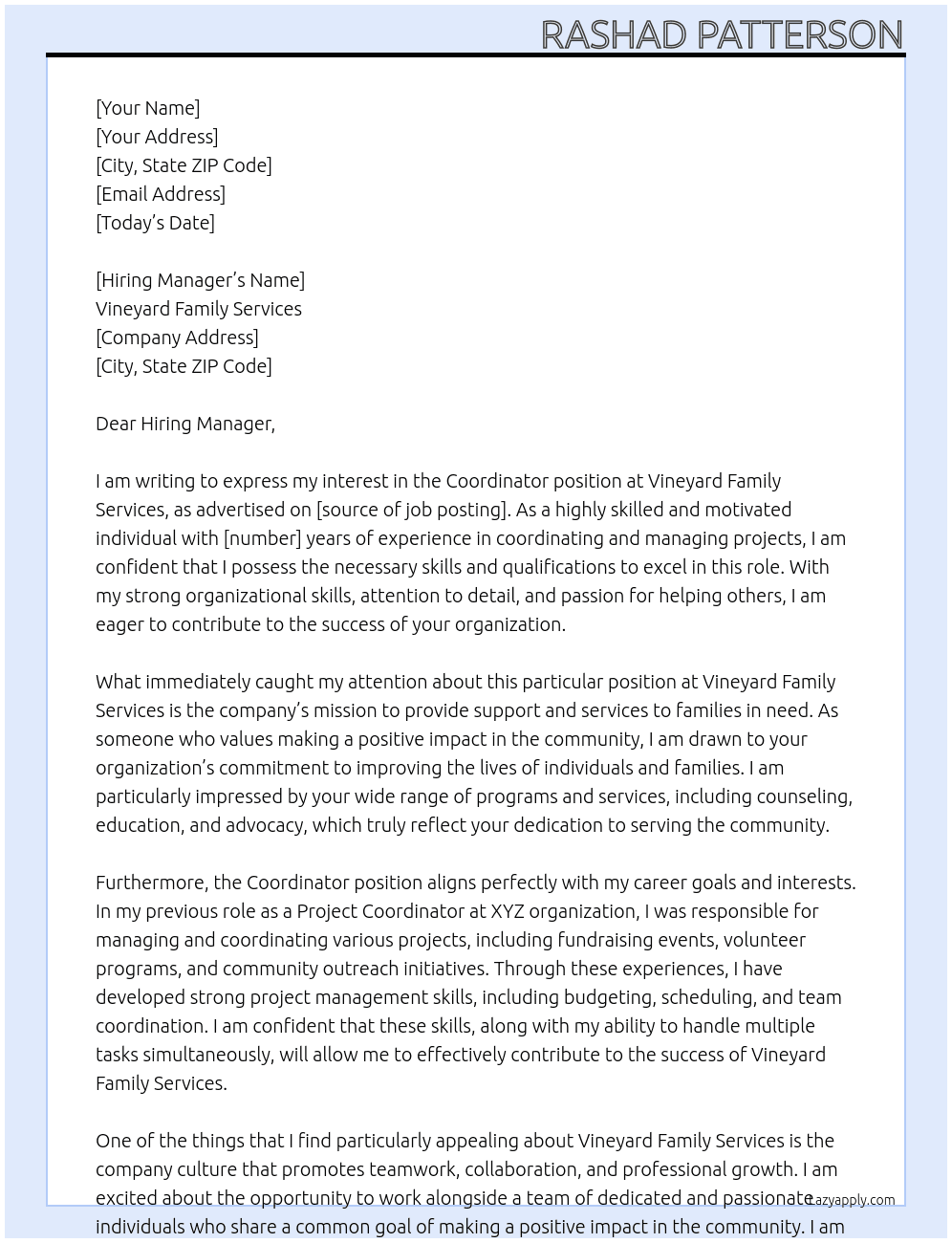Coordinator At Vineyard Family Services Cover Letter