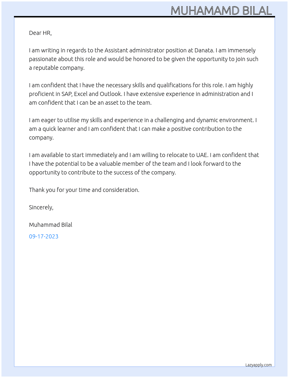Assistant administrator  At Danata Cover Letter