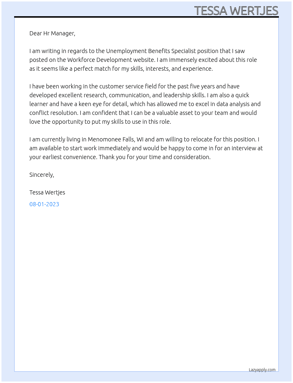 Unemployment Benefits Specialist  At Workforce Development  Cover Letter