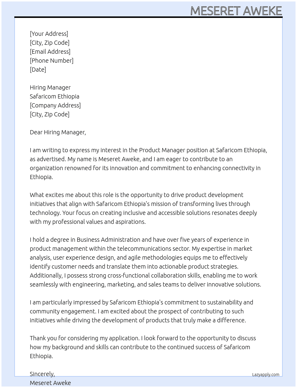 Product manager At Safaricom ethiopia Cover Letter