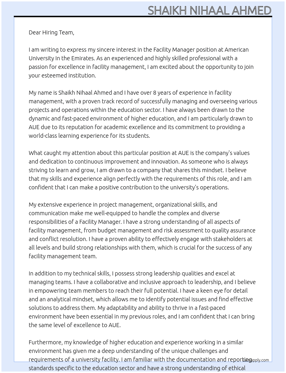 Facility Manager At American University In the Emirates Cover Letter