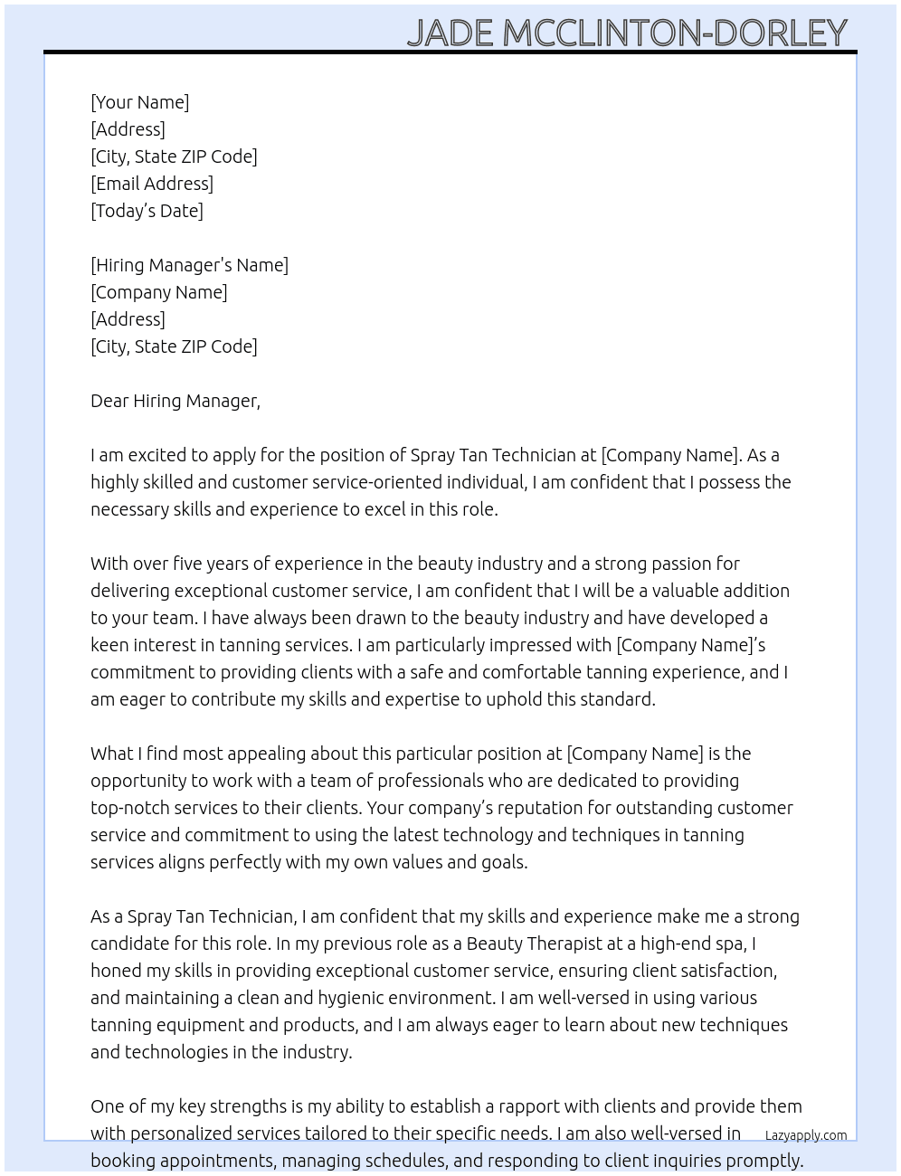 Cover letter for spray tan technician - LazyApply