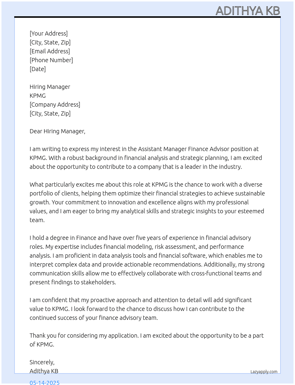 Cover letter for assistant manager finance advisor - LazyApply
