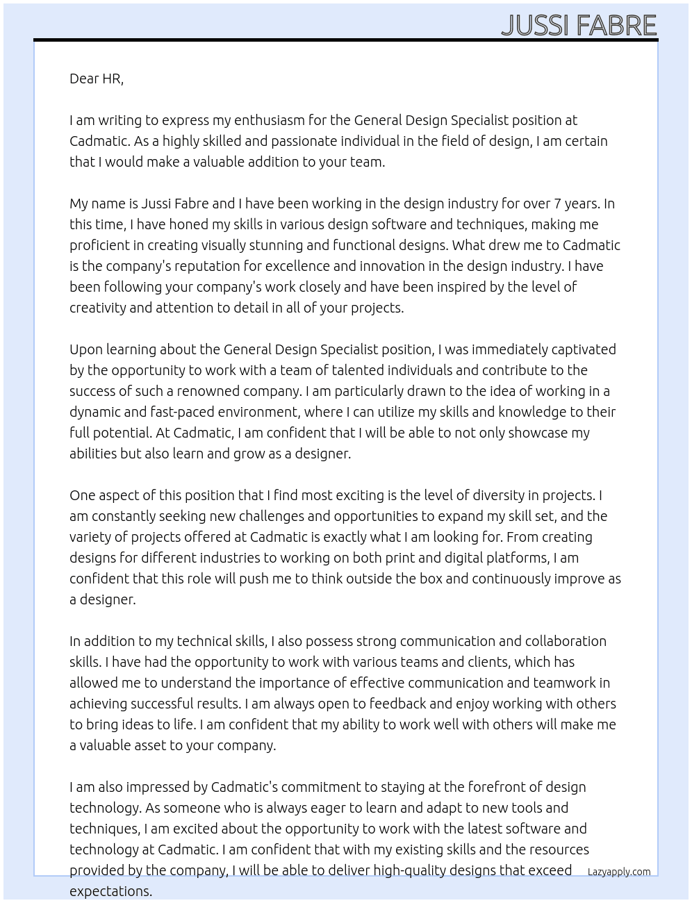 general design specialist At cadmatic Cover Letter