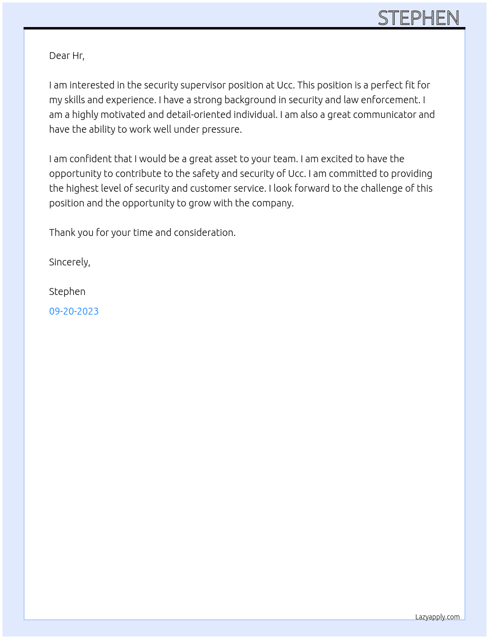 Security supervisor  At Ucc Cover Letter