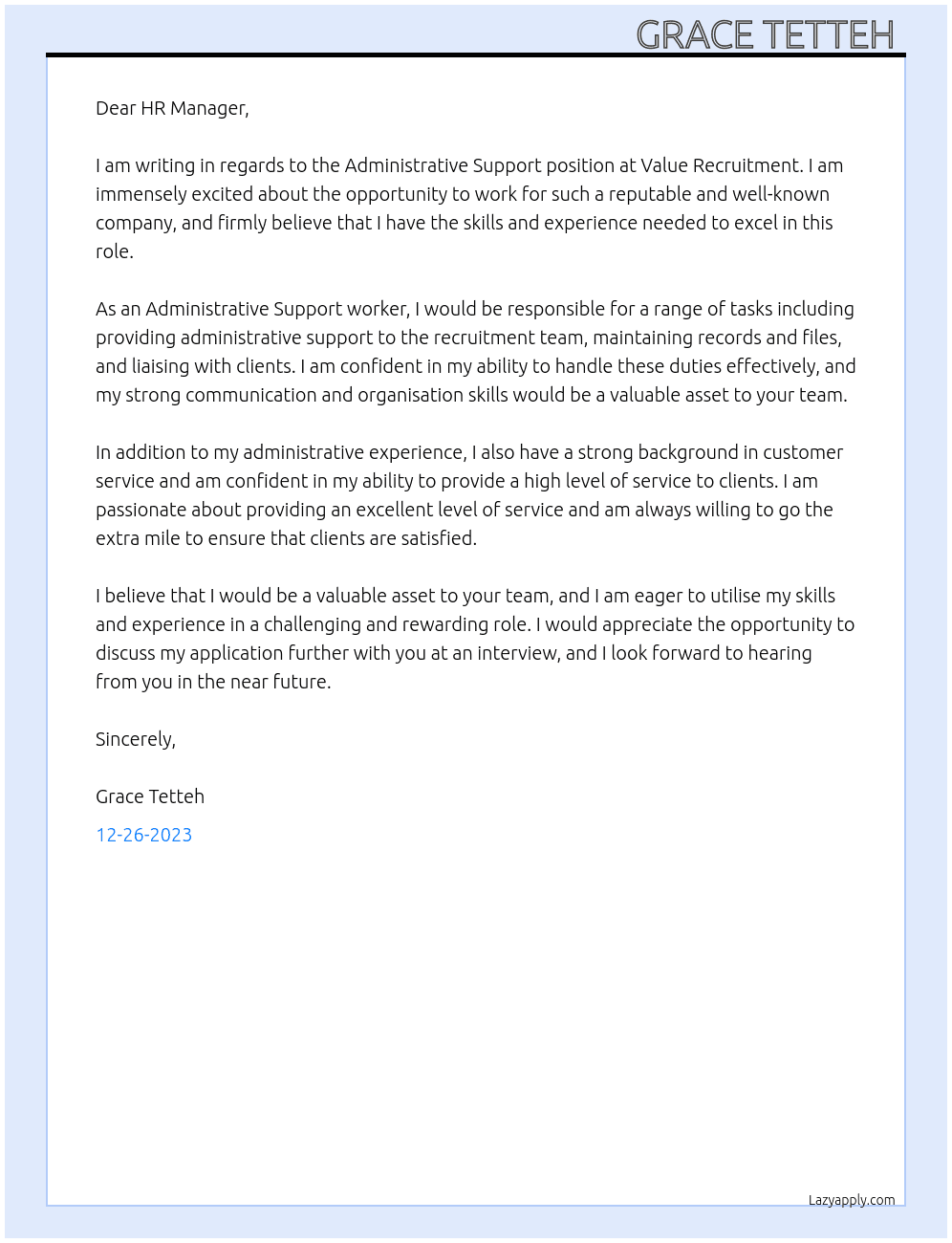 Administrative Support  At Value Recruitment  Cover Letter