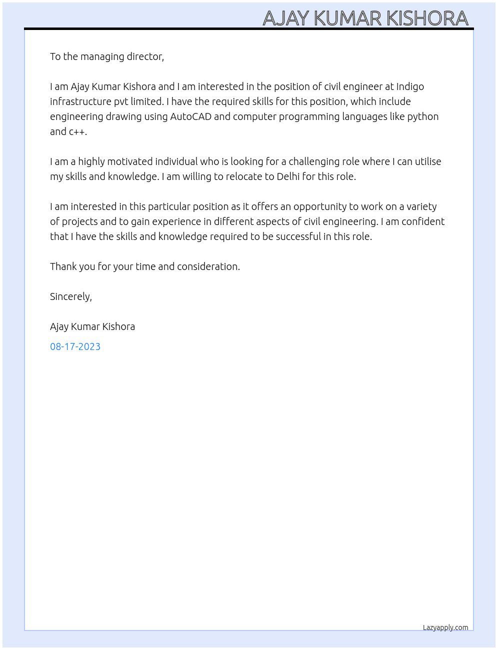 Civil engineer  At Indigo infrastructure pvt limited  Cover Letter
