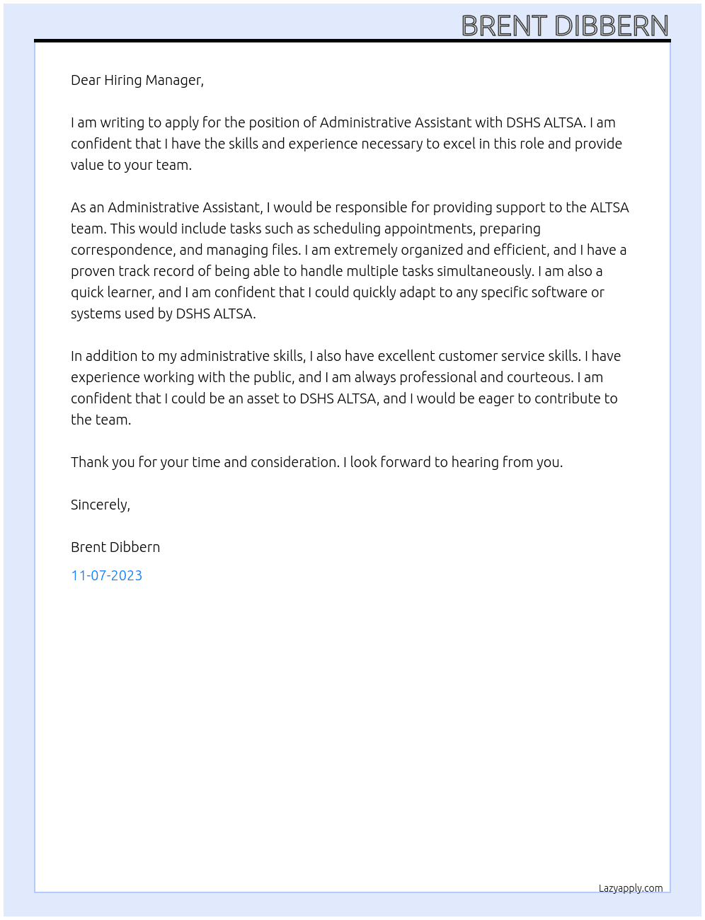 Administrative Assistant At DSHS ALTSA Cover Letter