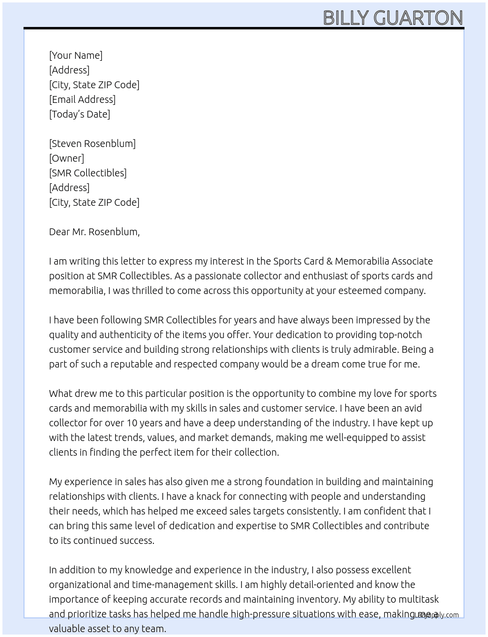 Sports Card & Memorabilia Associate At SMR Collectibles Cover Letter
