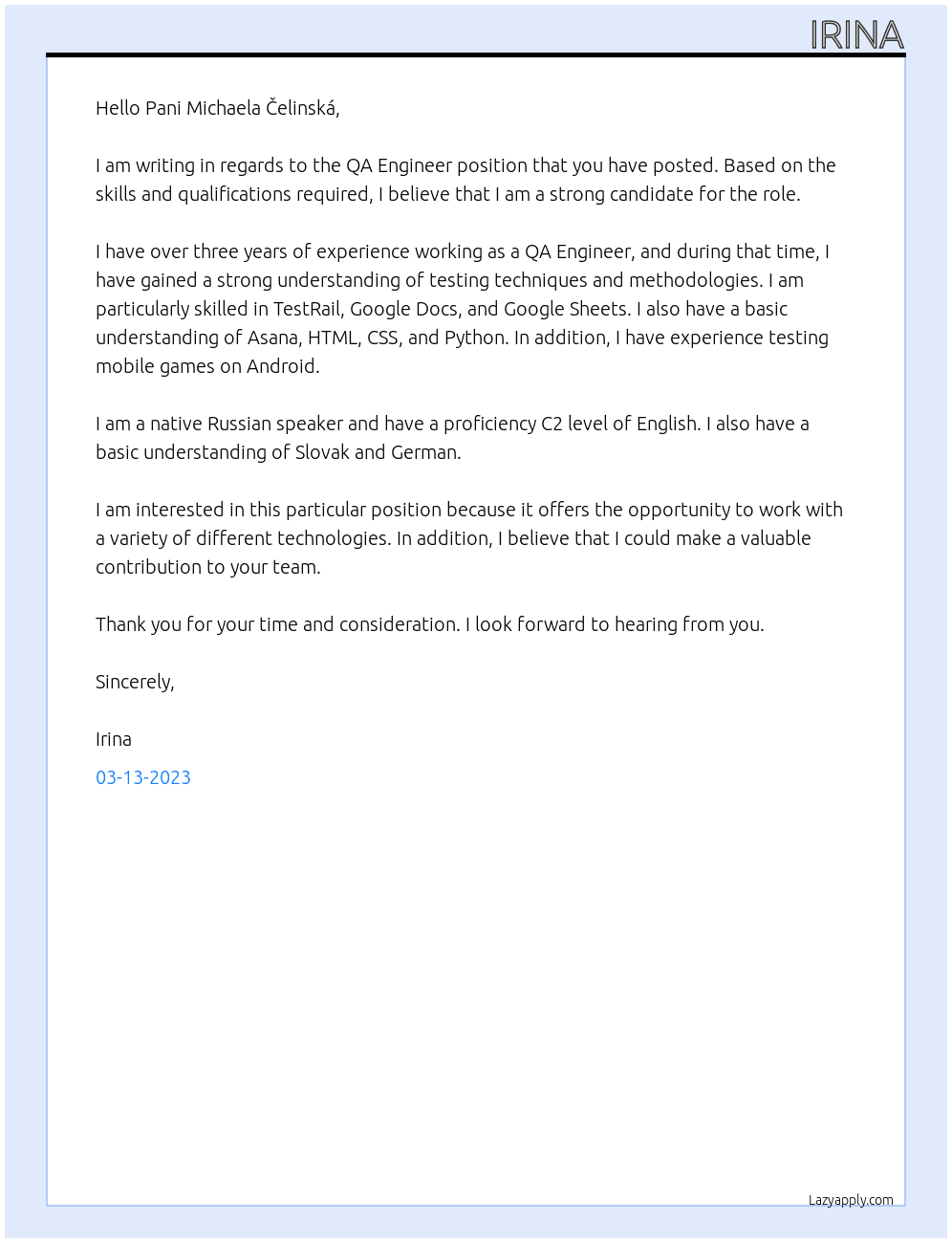 QA Engineer At Pro HR Cover Letter
