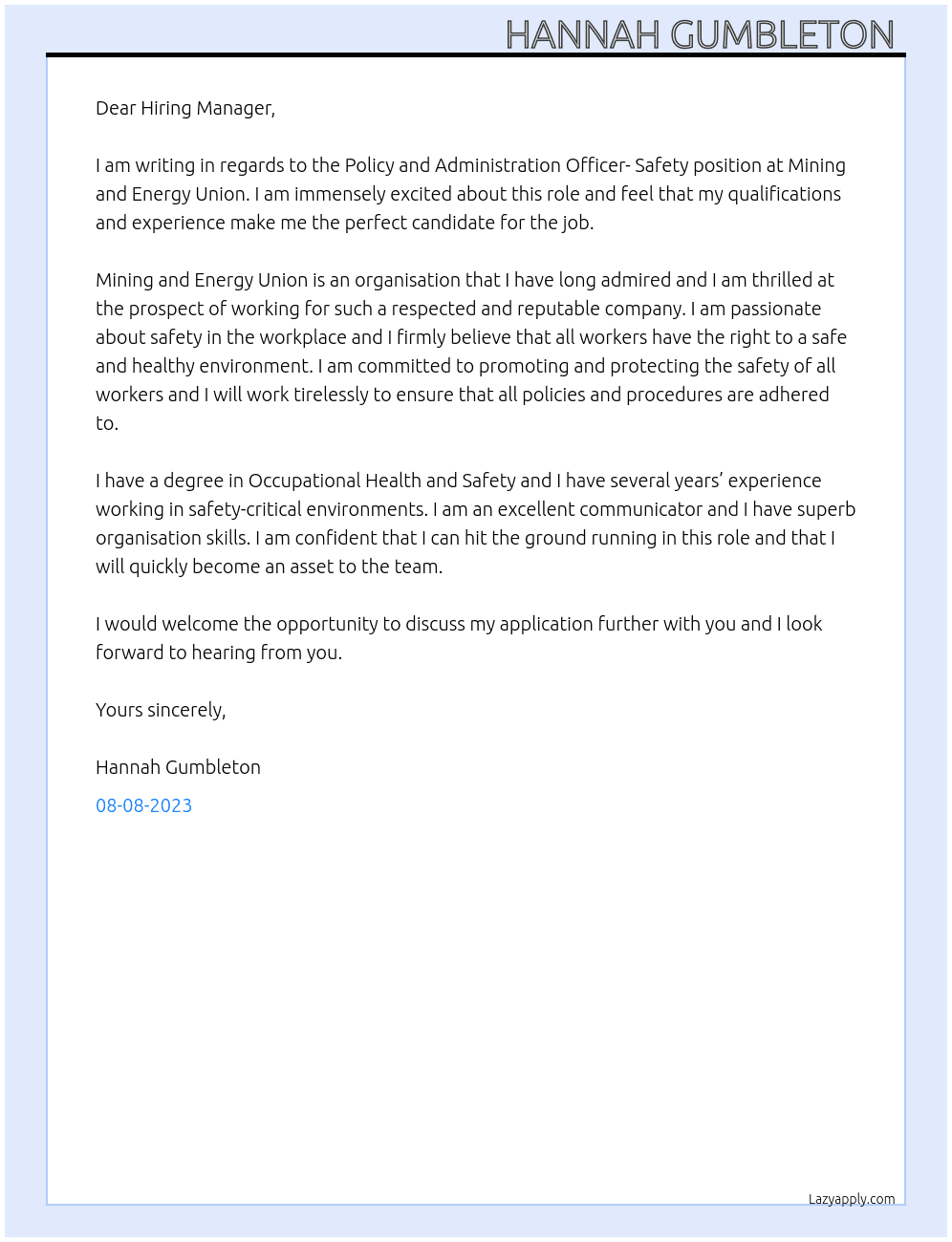 Policy and Administration Officer- Safety  At Mining and Energy Union   Cover Letter