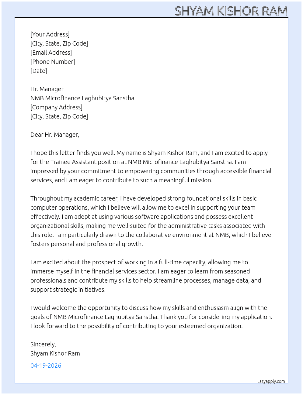 Cover letter for trainee assistan - LazyApply
