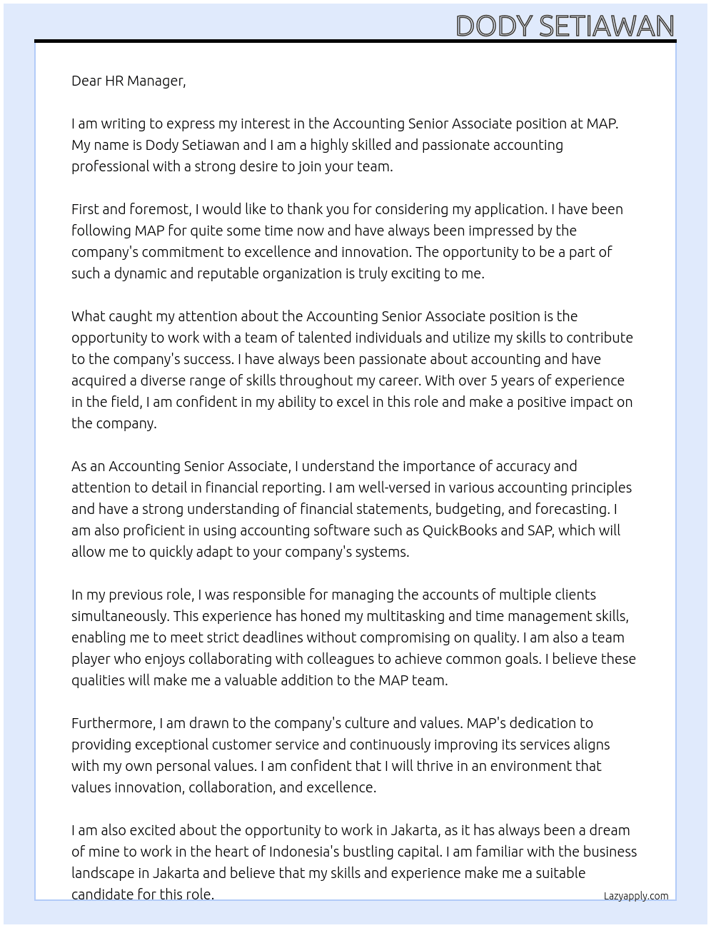 Accounting Senior Associate At MAP Cover Letter